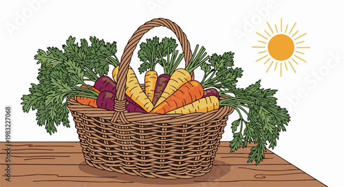 Woven basket overflowing with colorful carrots, green leaves, sunny day