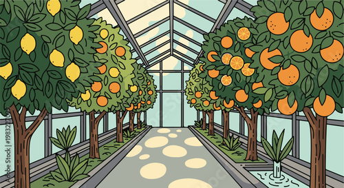 A greenhouse interior with rows of citrus trees bearing ripe fruit