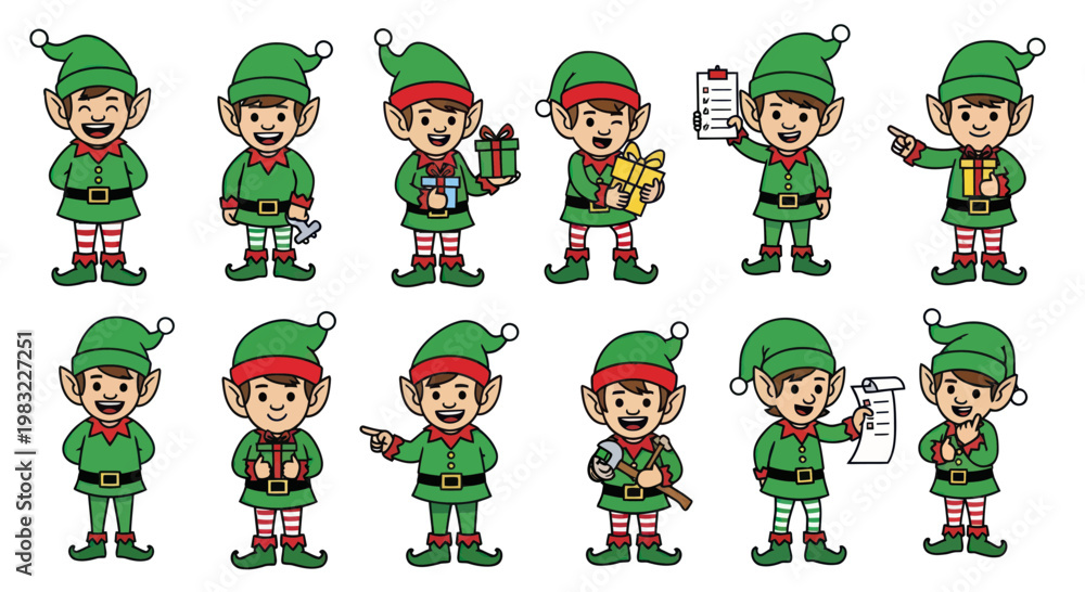 Fototapeta premium Collection of Cute Christmas Elves with Gifts and Gestures