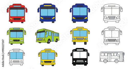 Colorful Bus Collection: Cartoon Style Illustrations and Outlines