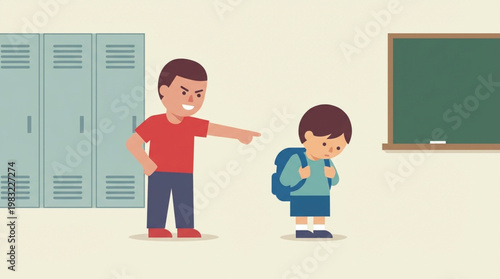 Cartoon illustration of a boy bullying another boy in a classroom with a green chalkboard and lockers in the background