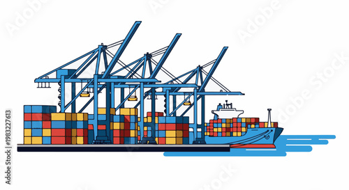 Cargo ship at port with cranes loading colorful containers onto the vessel