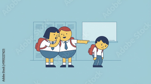 Two schoolchildren gossiping and pointing at another student in a hallway with a whiteboard