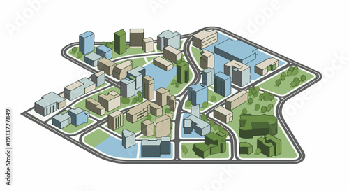 Isometric aerial view of a city block with buildings, roads, and green spaces