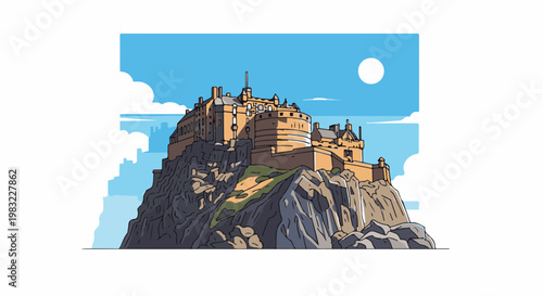 Historic castle atop rocky outcrop under a bright, sunny sky