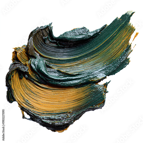 Textured oil paint strokes in green and yellow on a white background.
