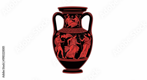 Ancient Greek amphora with red figures depicting scenes of mythology and daily life