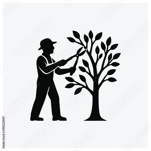 Gardener trimming a tree silhouette illustration.