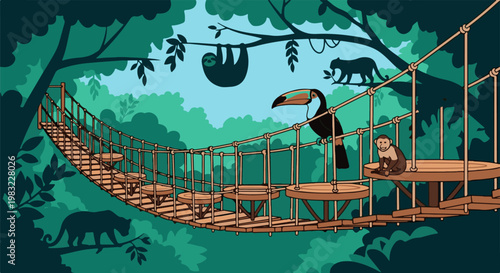 A pixelated jungle scene features a rope bridge connecting platforms with various animals