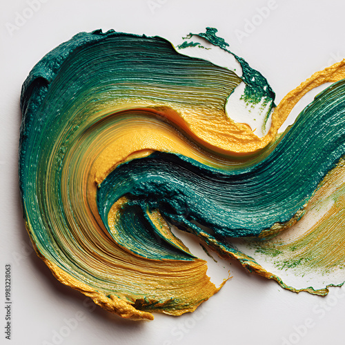 Vibrant Swirl of Green and Yellow Paint Strokes on White Background.