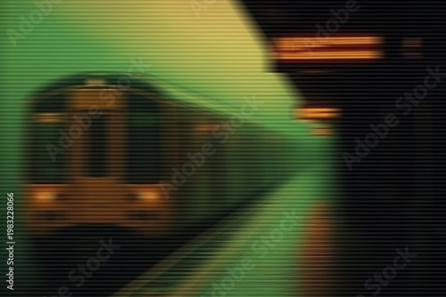 Artistic blurry subway train at station with green tones and vintage scan line texture.
