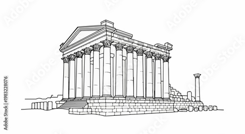 Ancient structure with columns and triangular pediment, stone base