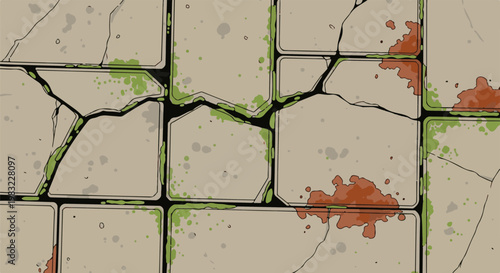 Cracked stone tiles with green moss and red splatters