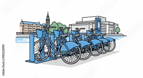 Row of blue shared bicycles parked near a waterfront city skyline
