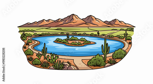 Desert oasis with mountains, lake, island, and cacti