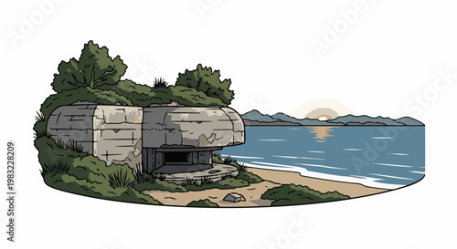 Old concrete bunker on a grassy coastline with a calm ocean and distant hills