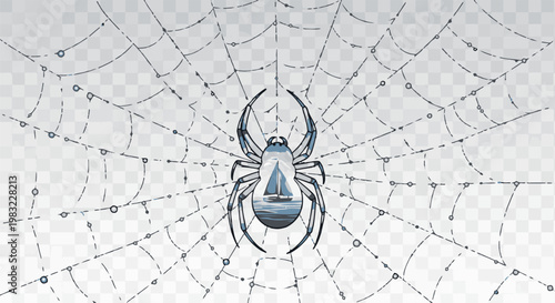 Spiderweb with a sailboat scene reflected in the spider's abdomen