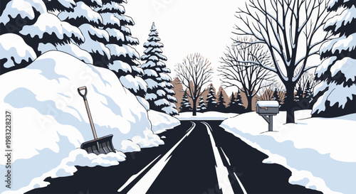 Snowy road with shovel in snowdrift and mailbox, trees covered in snow