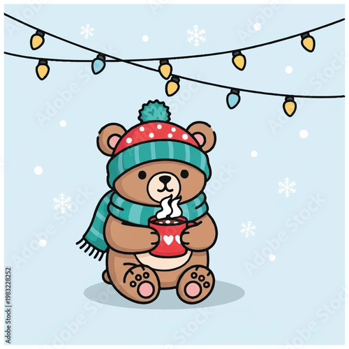 Brown bear in winter clothing holding mug.