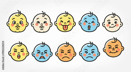 Diverse cartoon baby faces expressing various emotions and moods