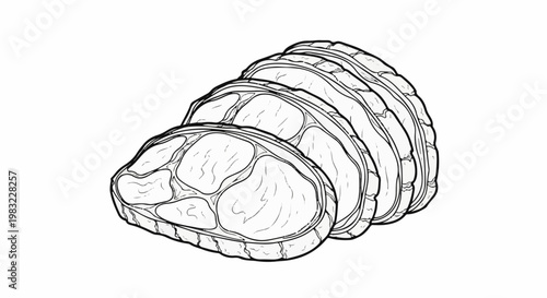 Sliced raw meat with visible marbling and fat layers, black and white