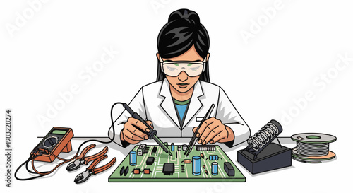 Person in lab coat and goggles soldering an electronic circuit board