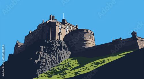 Pixelated view of a majestic castle perched atop a rocky hill under a clear blue sky