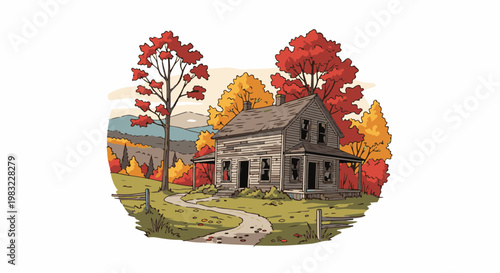 Abandoned rural house with colorful autumn trees and winding path