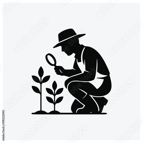 Gardener inspecting plant with magnifying glass, silhouette illustration.