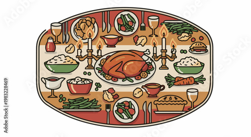 Festive feast with roast turkey, pie, and side dishes illuminated by candlelight