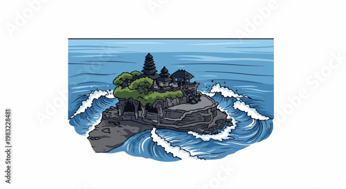 Pixel art temple on rocky island surrounded by choppy ocean waves