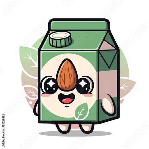 Cartoon almond milk carton character smiling.
