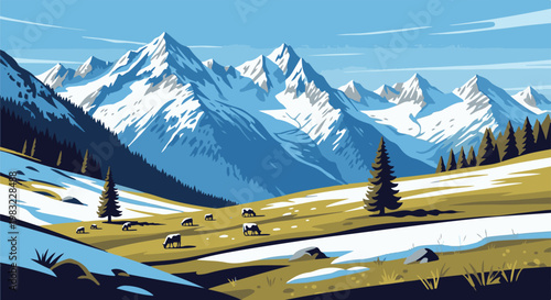 Pixel art of sheep grazing on a snowy mountainside under blue skies