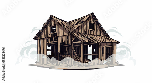 Pixel art of a dilapidated wooden house with smoke or dust around it