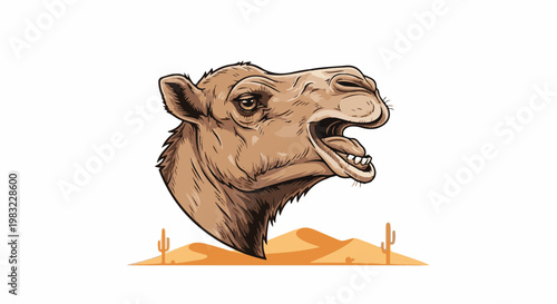 Cartoon camel head with open mouth, set against a desert landscape