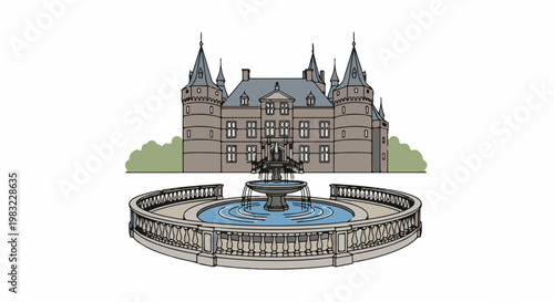 Ornate fountain in front of a large, multi-turreted building