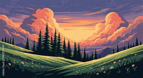 Pixelated sunset over rolling hills with fir trees and wildflowers