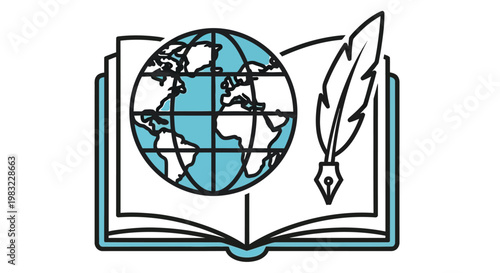 Illustration of an open book with a globe and feather representing global knowledge
