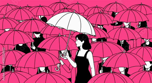 A woman with a white umbrella stands out in a crowd holding pink umbrellas