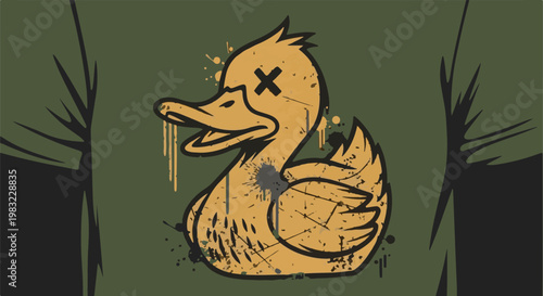 Stylized, distressed yellow duck with cross-eyes, splatters, and drips
