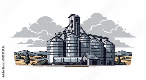 Industrial grain silos dominate a rural landscape under a cloudy sky