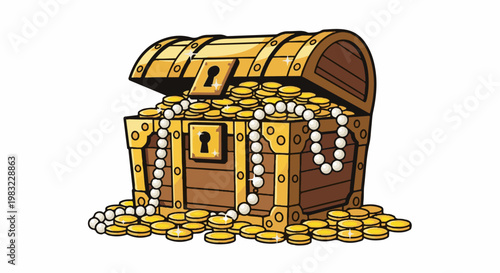 A wooden treasure chest overflowing with gold coins and pearls