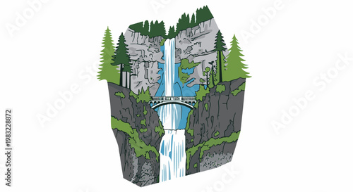 Majestic waterfall cascading down rocky cliffs bridged by an archway