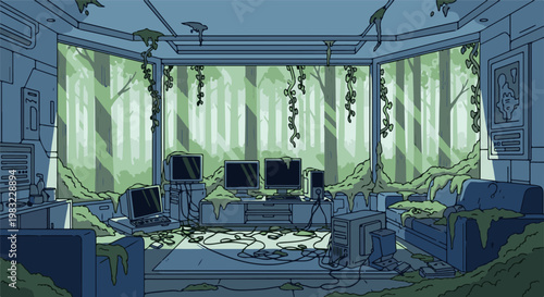 Pixel art of an abandoned room reclaimed by nature, with computers