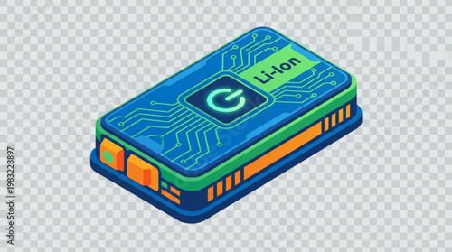 A colorful lithium-ion battery with circuit board design on a transparent background