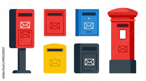 Colorful illustration of various mailboxes and postal boxes on a white background