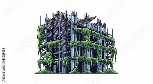 Overgrown unfinished building structure covered in vines, detailed pixel art