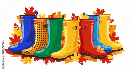 Colorful boots and autumn leaves create a festive seasonal display