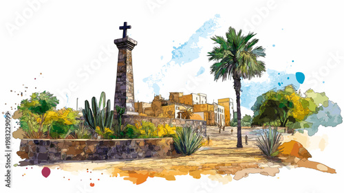 African Renaissance Monument. African Renaissance Monument hand drawn watercolor illustration on white background