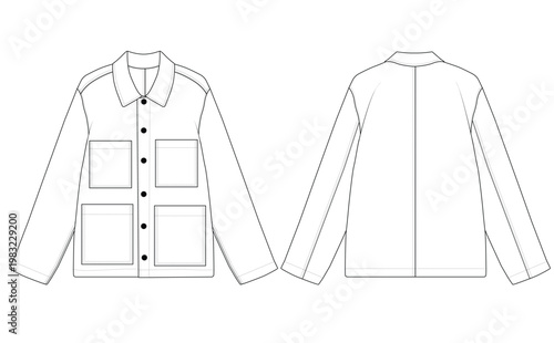 Photography Stussy Style Denim Chore Coat Technical Flat Sketch Front and Back View Workwear